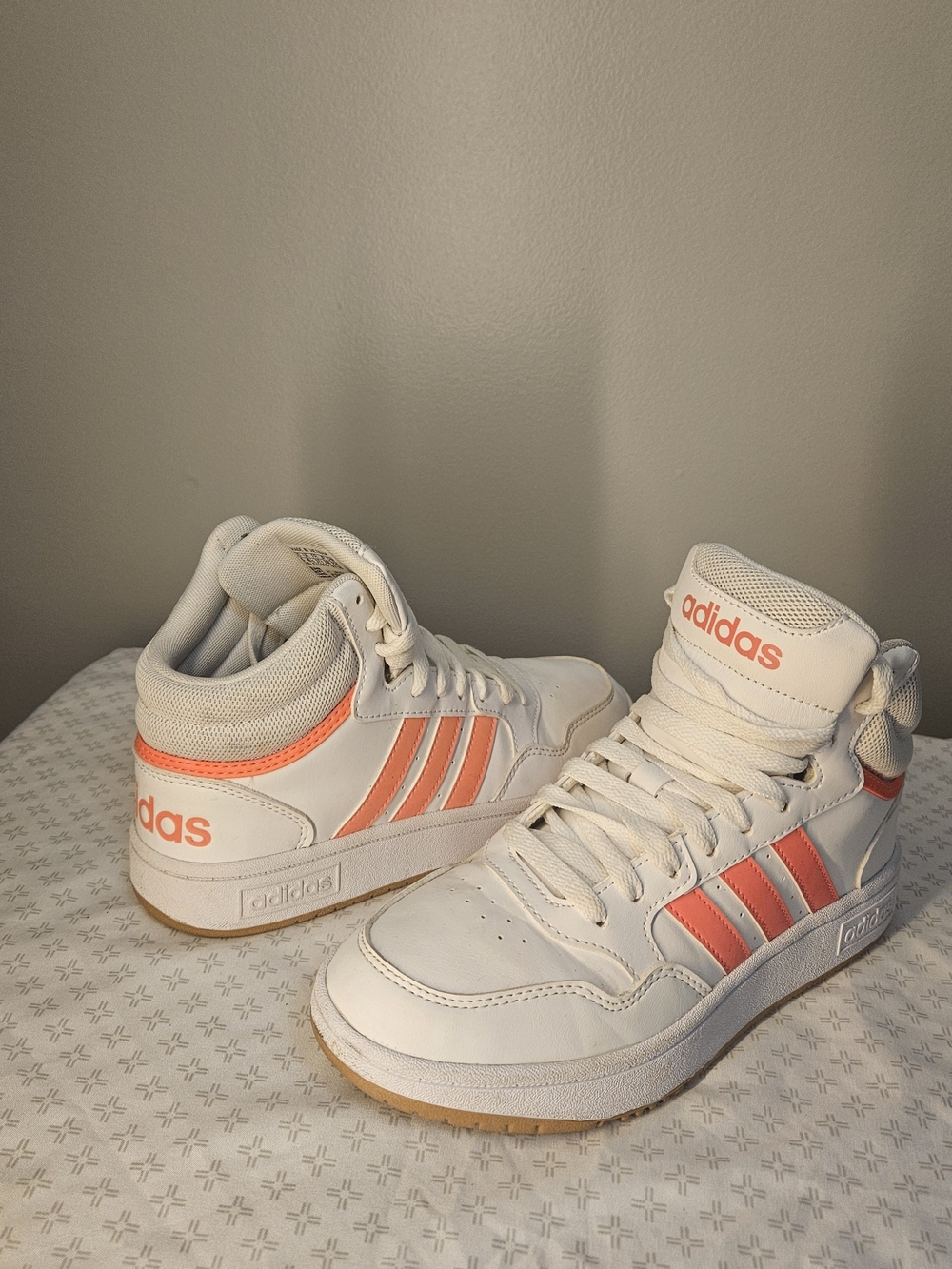 adidas White High-Top Sneakers with Coral Stripes